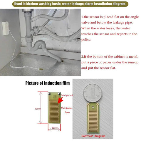 Water Leak Alarm Two Pack With 120 dB Loud Alarm For Home Kitchen Bathroom Overflow And Flood Detector Sensor Easy Peel And Stick Mount For Sink Tub Basement Or Garage High Sensitivity 24K Plating Detect Board installed under kitchen sink with 30mm sensor diagram
