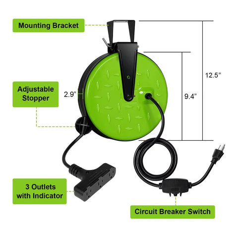 30 Ft Retractable Extension Cord Reel With 16/3 SJTW Heavy Duty Power Cord, Solid Metal Shell, Three Outlets, Circuit Breaker