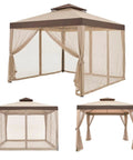 10x10 Outdoor Gazebo With Netting And Sun Shade Canopy For Patio And Backyard, featuring breathable mesh sides