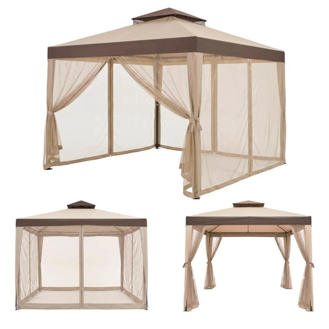 10x10 Outdoor Gazebo With Netting And Sun Shade Canopy For Patio And Backyard, featuring breathable mesh sides