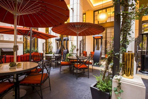 Outdoor patio with tables and Freestanding 11000W Gas Patio Heaters For Outdoor Warmth, Black Finish, Model BH0510001