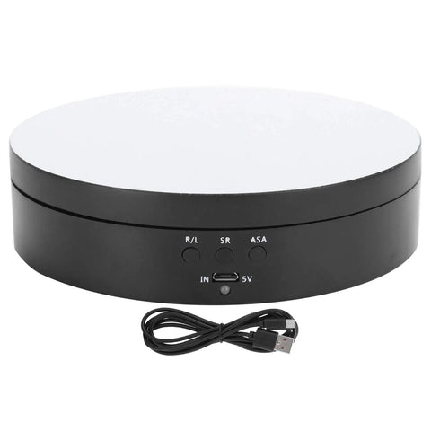 Aqur2020 Electric Rotating Display Stand For Jewelry With Three Speeds And Four Angle Settings showcasing a round, sleek black base with controls.
