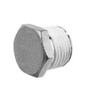 Heavy Duty 304 Stainless Steel Hex Head Pipe Plug With Pre Applied PTFE Thread Sealant Top Shelf One Inch NPT Male Fittings, front view.