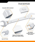 Infographic showing features of Ultra Thin Open End Wrench Set, SAE 6-Piece with mirror finish, sizes labeled, carbon steel material.