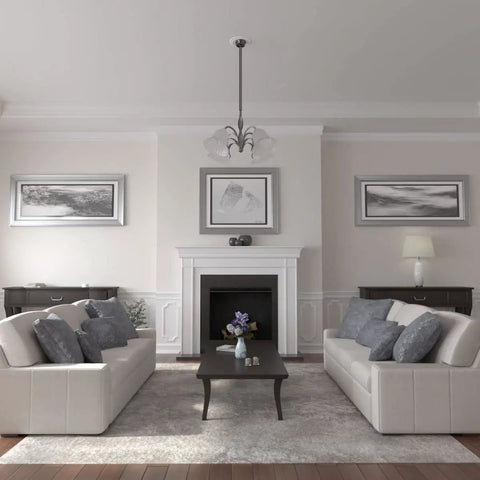 Living room with chandelier, fireplace, sofas, and Claremont Ceiling Medallion Ten And Five Eighths Inch Outside Diameter Five And Three Quarter Inch Inside Diameter One Half Inch Projection Seven Inch Canopy Lightweight Primed For Easy Paint And Quick Installation ceiling medallion.