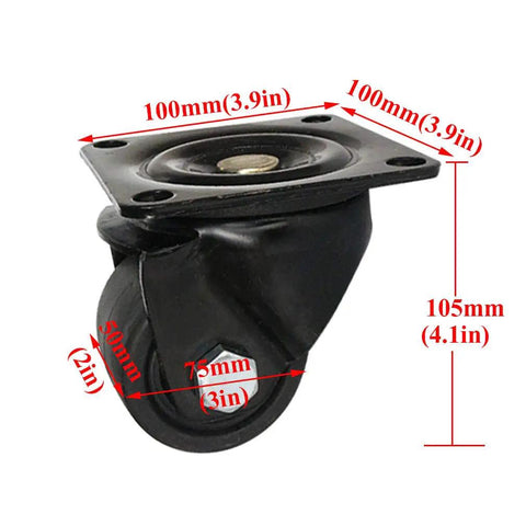 Heavy Duty Swivel Caster Wheels For Furniture Cabinets And Shelves 4 Pack Nylon Industrial Castors with dimensions shown.