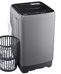 Compact Heavy Duty Portable Washing Machine And Laundry Spinner Combo Handles Eighteen Pounds With Ten Auto Cycles And Fast Drain Hookup No Sweat Install Sweet For Dorms Apartments And Road Trips with gray finish and laundry basket.