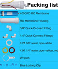 Packing list showing Beefed Up 400 GPD RO Membrane Housing Kit With Three Eighths Inch And One Quarter Inch Quick Connect Fittings Wrench And Water Pipes For Residential Home Filtration System Upgrade components