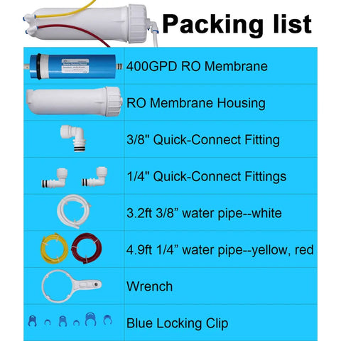 Packing list showing Beefed Up 400 GPD RO Membrane Housing Kit With Three Eighths Inch And One Quarter Inch Quick Connect Fittings Wrench And Water Pipes For Residential Home Filtration System Upgrade components