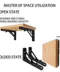 Legit Heavy Duty Folding Shelf Brackets Solid Steel Wall Mounted Space Saver With Rock Solid Two Hundred Twenty Pound Capacity For Tables Work Benches Rustic Home Storage in open and folded states.