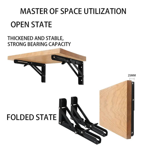 Legit Heavy Duty Folding Shelf Brackets Solid Steel Wall Mounted Space Saver With Rock Solid Two Hundred Twenty Pound Capacity For Tables Work Benches Rustic Home Storage in open and folded states.