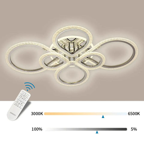 Six Ring LED Ceiling Light Fixture With Remote Control, Dimmable 3000K-6500K, Polished Chrome Finish, Acrylic Ring Display