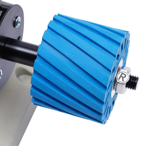 Close-up of blue rubber wheel part of Premium Electric Leather Edge Burnishing Machine With 350W Pure Copper Motor.