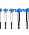 Premium Tungsten Carbide Forstner Drill Bit Set With Quick Fit Hex Shank, five precise drill bits with blue tips for woodworking.