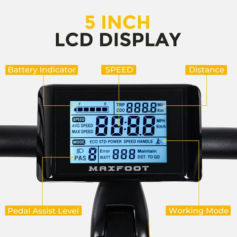 5 inch LCD display showing battery indicator, speed, distance, and pedal assist level on Two Seater Adult Electric Trike With 750 Watt Rear Motor And Chunky Fat Tires For Effortless Street Cruising Featuring Front Suspension Ul Certified Battery Heavy Duty Frame Long Range Passenger Ebike In Vivid Orange.