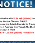 Fit notice for Beefed Up Front Brake Kit with 12.64 inch drilled slotted rotors and ceramic pads for Chevy Impala Malibu Equinox.