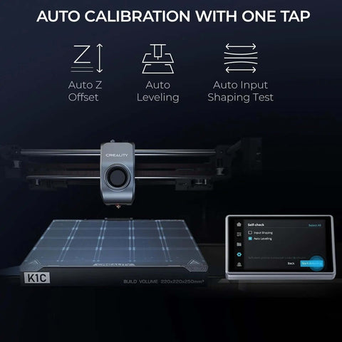 K1C 3D Printer Crazy Fast CoreXY System With 600 Millimeters Per Second Print Speed And 20000 Millimeters Per Second Squared Acceleration, showing auto leveling screen and printer bed