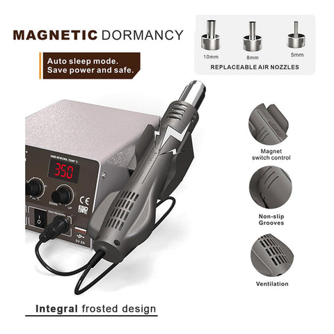 LCD Display Hot Air Rework Station Workhorse With Adjustable Temperature Desoldering Gun showcasing replaceable nozzles