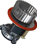 High Output Draft Inducer Furnace Motor Replacement For Carrier Systems, 65230 No Fuss Direct Swap, 208 To 230 Volt 0.8 Amps Cw Rotation Runs Smooth motor assembly with aluminum housing and red mounting ring.