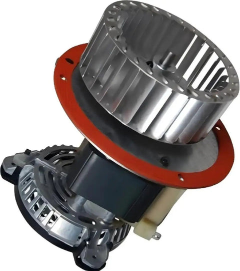 High Output Draft Inducer Furnace Motor Replacement For Carrier Systems, 65230 No Fuss Direct Swap, 208 To 230 Volt 0.8 Amps Cw Rotation Runs Smooth motor assembly with aluminum housing and red mounting ring.