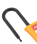 Close-up of Badass Multi User Insulated Nylon Lockout Hasp with four reinforced holes and black hook, designed for safety tagout protocols.