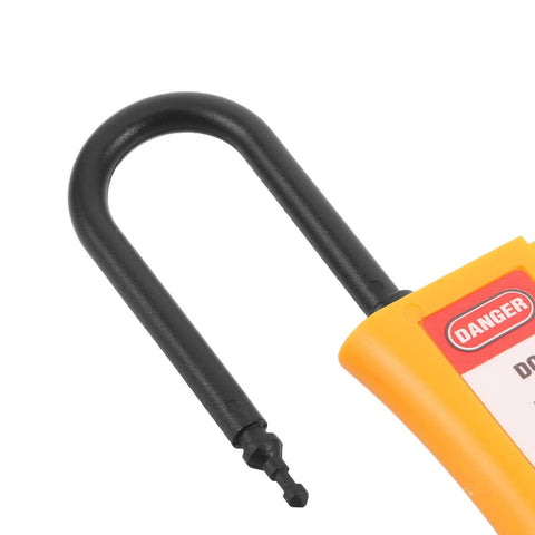 Close-up of Badass Multi User Insulated Nylon Lockout Hasp with four reinforced holes and black hook, designed for safety tagout protocols.