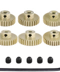 Six-piece 0.6 Mod Pinion Gear Set for RC Cars with hex key and screws, 7075 aluminum, 28T-33T, 3.175mm shaft pitch visible.
