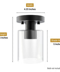 Industrial Semi Flush Mount Ceiling Light With Cylinder Glass Shade And E26 Base dimensions and black matte finish shown