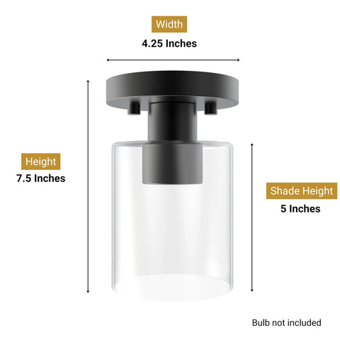 Industrial Semi Flush Mount Ceiling Light With Cylinder Glass Shade And E26 Base dimensions and black matte finish shown