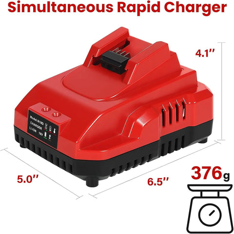 Rapid 18V Lithium Battery Charger Station with dimensions and weight shown, fast single-bay charger for Li-ion packs