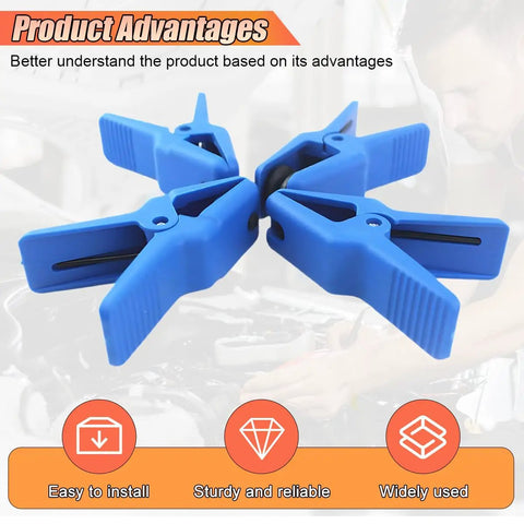Close-up of 4 Piece Fluid Line Stopper Kit for automotive repair with blue clamps fitting various line sizes, preventing leaks.