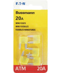 Premium 20 Amp Yellow Atm Fast Acting Blade Mini Fuse Pack Of Five in blister packaging for vehicle electrical systems