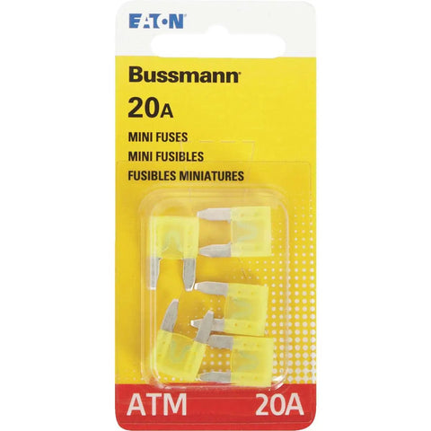 Premium 20 Amp Yellow Atm Fast Acting Blade Mini Fuse Pack Of Five in blister packaging for vehicle electrical systems