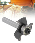One Eighth Inch T Slot Router Bit with Quarter Inch Shank, shown on woodworking table, Three Flute Ball Bearing Cutter, Tungsten Carbide Tip