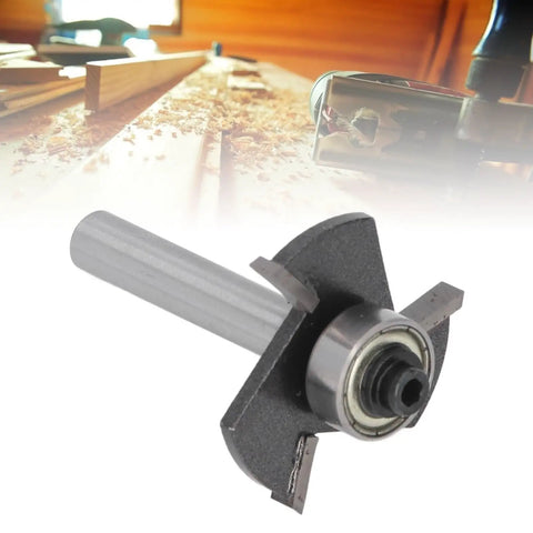 One Eighth Inch T Slot Router Bit with Quarter Inch Shank, shown on woodworking table, Three Flute Ball Bearing Cutter, Tungsten Carbide Tip