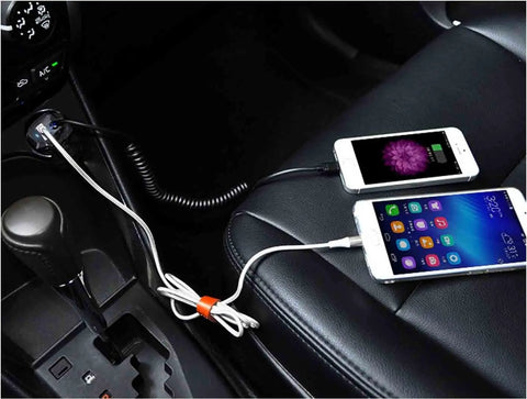 Top Notch Retractable Car Charger With Spring Loaded Micro USB Cable That Slides Out To Three Point Six Feet for two phones charging in a car.