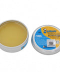 Open tin of No Clean 35g Paste Flux for Soldering BGA PGA and SMD PCBs with lid beside it, showing flux inside tin.