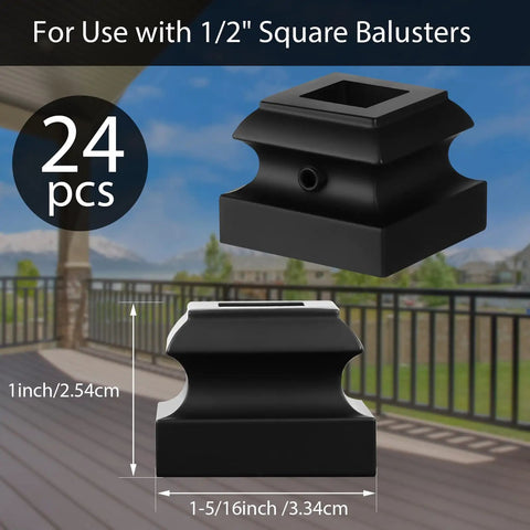 Iron Baluster Shoes Set 24 Pcs For 1/2 Inch Square Balusters Staircase Railing Satin Black Finish with size details