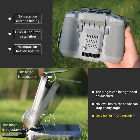 Back view of DJI RC 2 Controller with attached 2 In 1 Anti Glare Sun Hood Shield And Screen Protector Kit showcasing adjustable hinges.