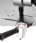 Dual Head 160A Metal Nibbler Drill Attachment cutting metal sheet with 360 Degree Rotating Heads, 6.35mm hex shank in use.