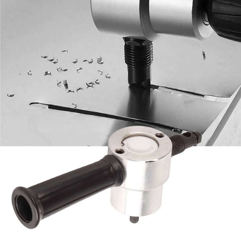 Dual Head 160A Metal Nibbler Drill Attachment cutting metal sheet with 360 Degree Rotating Heads, 6.35mm hex shank in use.