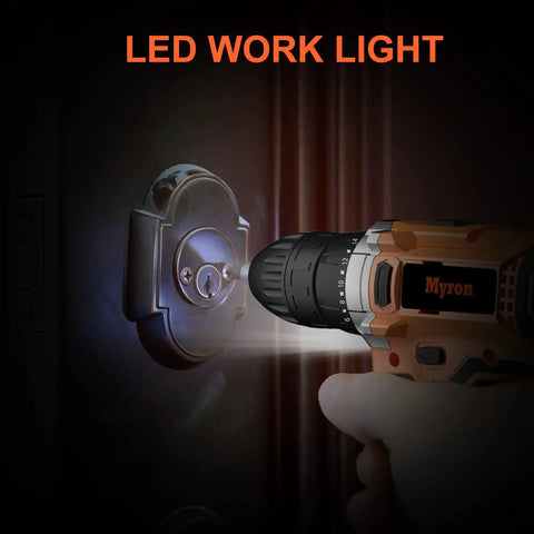 21V Cordless Drill Kit With 3/8 Inch Keyless Chuck, LED work light illuminating a keyhole