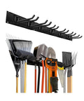 Top Shelf Heavy Duty Metal Garage Wall Mount Tool Organizer With Adjustable Hooks For Ladders Power Tools Garden Gear And Game Changer Storage Rack Pro showing various tools organized on hooks.