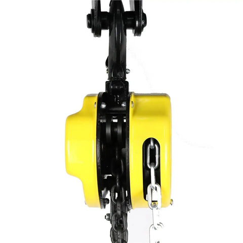 Straight Up Heavy Duty Manual Chain Hoist With 20 Ton Capacity Industrial Rigging Kit featuring a yellow pulley block and load chain.