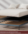 Heavy Duty Twin Size Bunkie Board Builds Legit Solid Support For Your Mattress So You Can Kick Back Without Any Sagging Nonsense On Sofa Beds Or Metal Frames With Half Ton Capacity, shown under a mattress in a sleek bed frame.