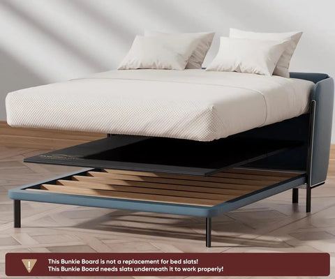 Heavy Duty Twin Size Bunkie Board Builds Legit Solid Support For Your Mattress So You Can Kick Back Without Any Sagging Nonsense On Sofa Beds Or Metal Frames With Half Ton Capacity, shown under a mattress in a sleek bed frame.