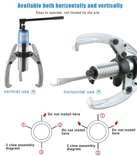 Heavy Duty 10 Ton Hydraulic Puller Set With Precision Swappable Two Or Three Jaw Bearing Separator shown in vertical and horizontal use.