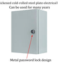 Front view of a steel, wall-mounted electrical enclosure box (30x25x14 cm) with a metal password lock