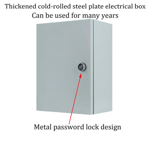 Front view of gray steel electrical enclosure box, wall-mounted, with a metal password lock; 30x25x14 cm.
