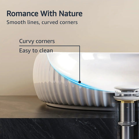 Close-up of a white ceramic countertop basin with smooth lines and curved corners, highlighting the easy-to-clean design.
